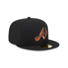 Load image into Gallery viewer, Atlanta Braves New Era MLB 59FIFTY 5950 Fitted Cap Hat Black Crown/Visor Metallic Brown/Orange Logo Orange UV (Metallic Pop)