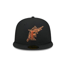 Load image into Gallery viewer, Florida Marlins New Era MLB 59FIFTY 5950 Fitted Cap Hat Black Crown/Visor Metallic Brown/Orange Logo (Metallic Pop)