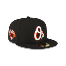 Load image into Gallery viewer, Baltimore Orioles New Era MLB 59FIFTY 5950 Fitted Cap Hat Black Crown/Visor White/Orange Metallic Logo 60th Anniversary Side Patch Green UV