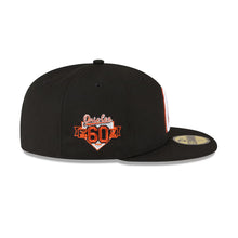 Load image into Gallery viewer, Baltimore Orioles New Era MLB 59FIFTY 5950 Fitted Cap Hat Black Crown/Visor White/Orange Metallic Logo 60th Anniversary Side Patch Green UV