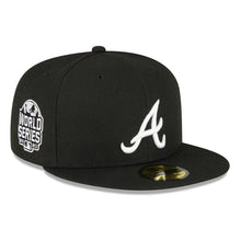 Load image into Gallery viewer, Atlanta Braves New Era MLB 59FIFTY 5950 Fitted Cap Hat Black Crown/Visor White Logo 2001 World Series Side Patch Gray UV