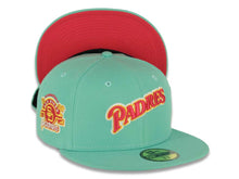 Load image into Gallery viewer, (City Connect Colors) San Diego Padres New Era MLB 59FIFTY 5950 Fitted Cap Hat Light Teal Crown/Visor Magenta/Yellow Script Logo Stadium Side Patch