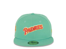 Load image into Gallery viewer, (City Connect Colors) San Diego Padres New Era MLB 59FIFTY 5950 Fitted Cap Hat Light Teal Crown/Visor Magenta/Yellow Script Logo Stadium Side Patch