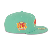 Load image into Gallery viewer, (City Connect Colors) San Diego Padres New Era MLB 59FIFTY 5950 Fitted Cap Hat Light Teal Crown/Visor Magenta/Yellow Script Logo Stadium Side Patch