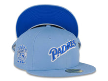 Load image into Gallery viewer, San Diego Padres New Era MLB 59FIFTY 5950 Fitted Cap Hat Sky Blue Crown/Visor Royal Blue/Metallic Silver Script Logo 25th Anniversary Side Patch