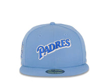 Load image into Gallery viewer, San Diego Padres New Era MLB 59FIFTY 5950 Fitted Cap Hat Sky Blue Crown/Visor Royal Blue/Metallic Silver Script Logo 25th Anniversary Side Patch