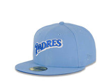 Load image into Gallery viewer, San Diego Padres New Era MLB 59FIFTY 5950 Fitted Cap Hat Sky Blue Crown/Visor Royal Blue/Metallic Silver Script Logo 25th Anniversary Side Patch