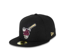 Load image into Gallery viewer, (Youth) San Diego Padres New Era MLB 59FIFTY 5950 Kid Fitted Cap Hat Black Crown/Visor Maroon/Metallic Gold Swinging Friar Logo 25th Anniversary Patch
