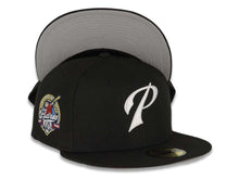 Load image into Gallery viewer, San Diego Padres New Era MLB 59FIFTY 5950 Fitted Cap Hat Black Crown/Visor White "P" Logo 40th Anniversary Side Patch Gray UV