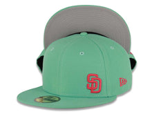 Load image into Gallery viewer, (City Connect Colors) San Diego Padres New Era MLB 59FIFTY 5950 Fitted Cap Hat Light Teal Crown/Visor Magenta Flawless Small Logo Gray UV