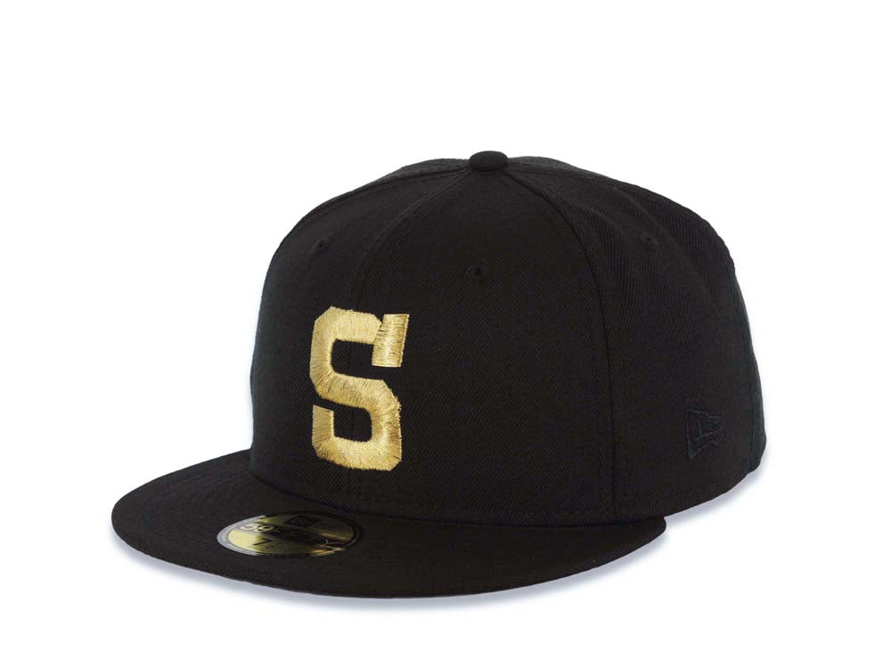 San Diego Padres New Era MLB 59FIFTY 5950 Fitted Cap Hat Black Crown/Visor Metallic Gold Pacific Coast League PCL S Logo Black UV 7 5/8