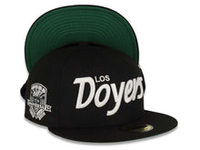 Load image into Gallery viewer, Los Angeles Dodgers New Era MLB 59FIFTY 5950 Fitted Cap Hat Black Crown/Visor White Los Doyers Script Logo 50th Anniversary Side Patch Green UV