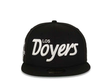 Load image into Gallery viewer, Los Angeles Dodgers New Era MLB 59FIFTY 5950 Fitted Cap Hat Black Crown/Visor White Los Doyers Script Logo 50th Anniversary Side Patch Green UV
