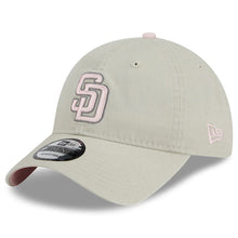 Load image into Gallery viewer, San Diego Padres New Era MLB 9TWENTY 920 Adjustable Cap Hat Stone Crown/Visor Pink/Gray Logo Mother's Day 2023 Side Patch Pink UV