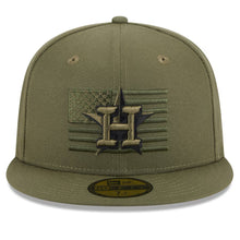 Load image into Gallery viewer, Houston Astros New Era MLB 59FIFTY 5950 Fitted Cap Hat Olive Green Crown/Visor Black/Olive Logo American Flag (2023 Armed Forces Day)