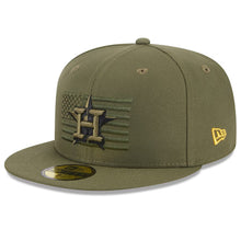 Load image into Gallery viewer, Houston Astros New Era MLB 59FIFTY 5950 Fitted Cap Hat Olive Green Crown/Visor Black/Olive Logo American Flag (2023 Armed Forces Day)