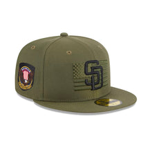 Load image into Gallery viewer, San Diego Padres New Era MLB 59FIFTY 5950 Fitted Cap Hat Olive Green Crown/Visor Black Logo American Flag (2023 Armed Forces Day)