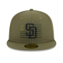 Load image into Gallery viewer, San Diego Padres New Era MLB 59FIFTY 5950 Fitted Cap Hat Olive Green Crown/Visor Black Logo American Flag (2023 Armed Forces Day)