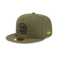 Load image into Gallery viewer, San Diego Padres New Era MLB 59FIFTY 5950 Fitted Cap Hat Olive Green Crown/Visor Black Logo American Flag (2023 Armed Forces Day)