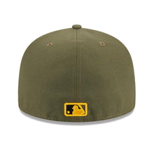 Load image into Gallery viewer, San Diego Padres New Era MLB 59FIFTY 5950 Fitted Cap Hat Olive Green Crown/Visor Black Logo American Flag (2023 Armed Forces Day)