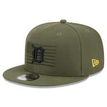 Load image into Gallery viewer, Detroit Tigers New Era MLB 9FIFTY 950 Snapback Cap Hat Olive Green Crown/Visor Black Logo With America Flag (2023 Armed Forces Day)