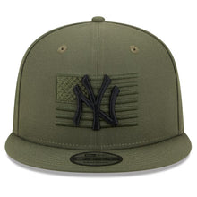 Load image into Gallery viewer, New York Yankees New Era MLB 9FIFTY 950 Snapback Cap Hat Olive Green Crown/Visor Black Logo American Flag (2023 Armed Forces Day)