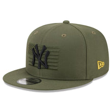 Load image into Gallery viewer, New York Yankees New Era MLB 9FIFTY 950 Snapback Cap Hat Olive Green Crown/Visor Black Logo American Flag (2023 Armed Forces Day)