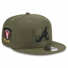 Load image into Gallery viewer, Atlanta Braves New Era MLB 9FIFTY 950 Snapback Cap Hat Olive Green Crown/Visor Black Logo With America Flag (2023 Armed Forces Day)