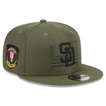 Load image into Gallery viewer, San Diego Padres New Era MLB 9FIFTY 950 Snapback Cap Hat Olive Green Crown/Visor Black Logo American Flag (2023 Armed Forces Day)