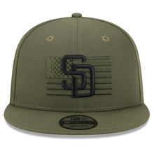 Load image into Gallery viewer, San Diego Padres New Era MLB 9FIFTY 950 Snapback Cap Hat Olive Green Crown/Visor Black Logo American Flag (2023 Armed Forces Day)