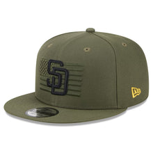 Load image into Gallery viewer, San Diego Padres New Era MLB 9FIFTY 950 Snapback Cap Hat Olive Green Crown/Visor Black Logo American Flag (2023 Armed Forces Day)