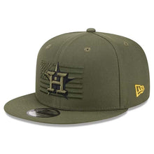 Load image into Gallery viewer, Houston Astros New Era MLB 9FIFTY 950 Snapback Cap Hat Olive Green Crown/Visor Black/Green Logo (2023 Armed Forces Day)