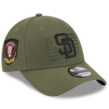 Load image into Gallery viewer, San Diego Padres New Era MLB 9FORTY 940 Adjustable Cap Hat Olive Green Crown/Visor Black Logo American Flag (2023 Armed Forces Day)
