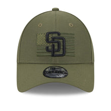 Load image into Gallery viewer, San Diego Padres New Era MLB 9FORTY 940 Adjustable Cap Hat Olive Green Crown/Visor Black Logo American Flag (2023 Armed Forces Day)