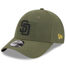 Load image into Gallery viewer, San Diego Padres New Era MLB 9FORTY 940 Adjustable Cap Hat Olive Green Crown/Visor Black Logo American Flag (2023 Armed Forces Day)