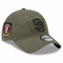 Load image into Gallery viewer, San Diego Padres New Era MLB 9TWENTY 920 Adjustable Cap Hat Olive Green Crown/Visor Black Logo With America Flag (2023 Armed Forces Day)