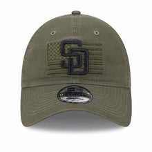 Load image into Gallery viewer, San Diego Padres New Era MLB 9TWENTY 920 Adjustable Cap Hat Olive Green Crown/Visor Black Logo With America Flag (2023 Armed Forces Day)