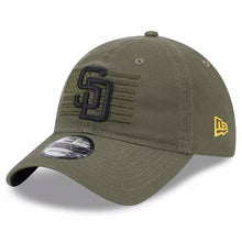 Load image into Gallery viewer, San Diego Padres New Era MLB 9TWENTY 920 Adjustable Cap Hat Olive Green Crown/Visor Black Logo With America Flag (2023 Armed Forces Day)
