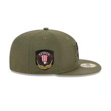 Load image into Gallery viewer, (Youth) San Diego Padres New Era MLB 59FIFTY 5950 Kids Fitted Cap Hat Olive Green Crown/Visor Black Logo American Flag (2023 Armed Forces Day)