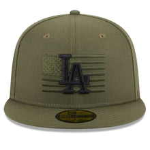 Load image into Gallery viewer, (Youth) Los Angeles Dodgers New Era MLB 59FIFTY 5950 Kids Fitted Cap Hat Olive Green Crown/Visor Black Logo American Flag (2023 Armed Forces Day)