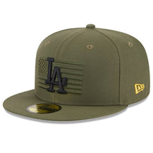 Load image into Gallery viewer, (Youth) Los Angeles Dodgers New Era MLB 59FIFTY 5950 Kids Fitted Cap Hat Olive Green Crown/Visor Black Logo American Flag (2023 Armed Forces Day)