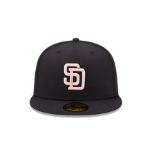 Load image into Gallery viewer, San Diego Padres New Era MLB 59FIFTY 5950 Fitted Cap Hat Dark Navy Crown/Visor Pink Logo 1998 World Series Side Patch Pink UV