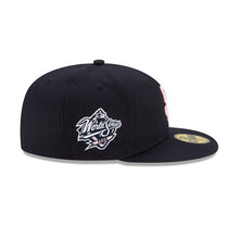 Load image into Gallery viewer, San Diego Padres New Era MLB 59FIFTY 5950 Fitted Cap Hat Dark Navy Crown/Visor Pink Logo 1998 World Series Side Patch Pink UV