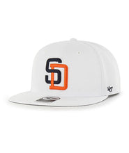 Load image into Gallery viewer, San Diego Padres '47 MLB Snapback Cap Hat White Crown/Visor Navy/Orange Logo 1992 All-Star Game Side Patch