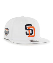 Load image into Gallery viewer, San Diego Padres '47 MLB Snapback Cap Hat White Crown/Visor Navy/Orange Logo 1992 All-Star Game Side Patch
