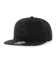 Load image into Gallery viewer, San Diego Padres '47 MLB Snapback Cap Hat Black Crown/Visor Black Logo 1998 World Series Side Patch Orange UV
