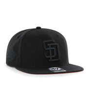 Load image into Gallery viewer, San Diego Padres '47 MLB Snapback Cap Hat Black Crown/Visor Black Logo 1998 World Series Side Patch Orange UV