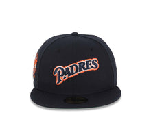 Load image into Gallery viewer, San Diego Padres New Era MLB 59FIFTY 5950 Fitted Cap Hat Dark Navy Crown/Visor Dark Navy/Orange Script Logo 25th Anniversary Side Patch Green UV