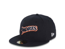Load image into Gallery viewer, San Diego Padres New Era MLB 59FIFTY 5950 Fitted Cap Hat Dark Navy Crown/Visor Dark Navy/Orange Script Logo 25th Anniversary Side Patch Green UV