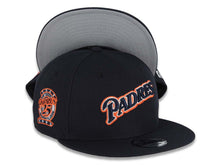 Load image into Gallery viewer, San Diego Padres New Era MLB 9FIFTY 950 Snapback Cap Hat Navy Blue Crown/Visor Navy/Orange/White Script Logo 25th Anniversary Side Patch Gray UV
